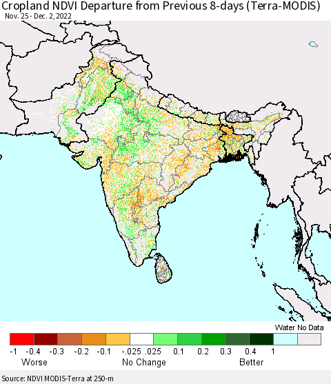 Southern Asia Cropland NDVI Departure from Previous 8-days (Terra-MODIS) Thematic Map For 11/25/2022 - 12/2/2022
