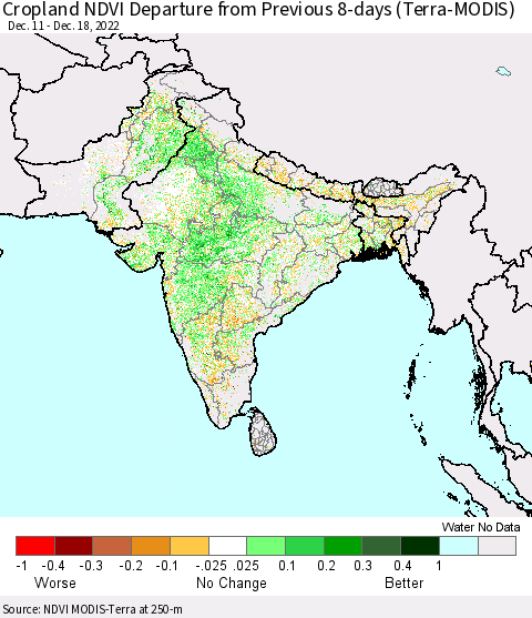 Southern Asia Cropland NDVI Departure from Previous 8-days (Terra-MODIS) Thematic Map For 12/11/2022 - 12/18/2022