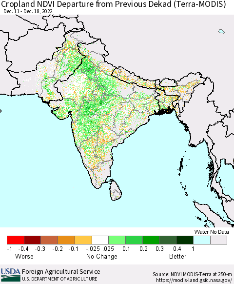 Southern Asia Cropland NDVI Departure from Previous Dekad (Terra-MODIS) Thematic Map For 12/11/2022 - 12/20/2022