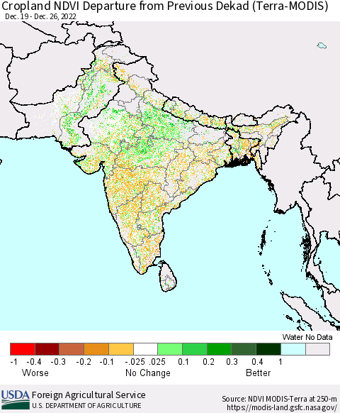 Southern Asia Cropland NDVI Departure from Previous Dekad (Terra-MODIS) Thematic Map For 12/21/2022 - 12/31/2022
