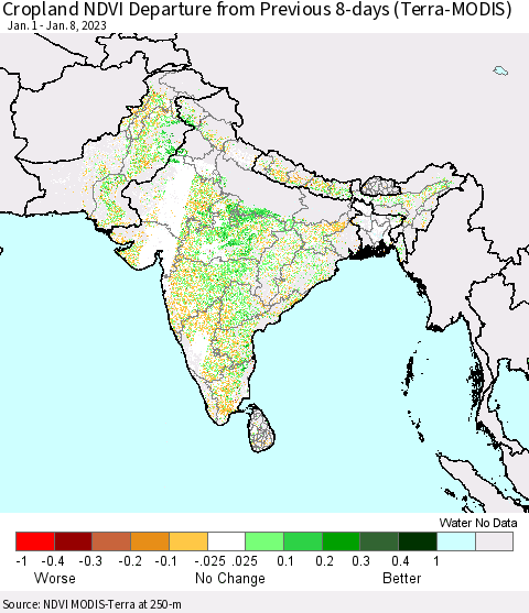 Southern Asia Cropland NDVI Departure from Previous 8-days (Terra-MODIS) Thematic Map For 1/1/2023 - 1/8/2023