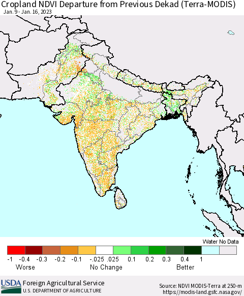 Southern Asia Cropland NDVI Departure from Previous Dekad (Terra-MODIS) Thematic Map For 1/11/2023 - 1/20/2023