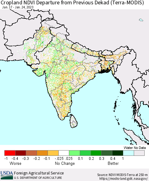 Southern Asia Cropland NDVI Departure from Previous Dekad (Terra-MODIS) Thematic Map For 1/21/2023 - 1/31/2023