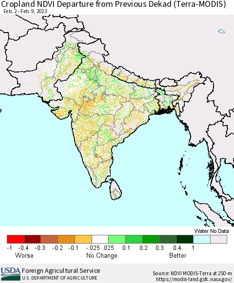 Southern Asia Cropland NDVI Departure from Previous Dekad (Terra-MODIS) Thematic Map For 2/1/2023 - 2/10/2023