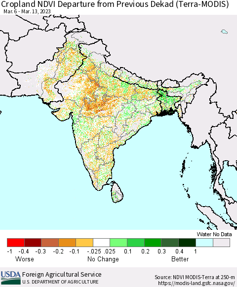 Southern Asia Cropland NDVI Departure from Previous Dekad (Terra-MODIS) Thematic Map For 3/11/2023 - 3/20/2023