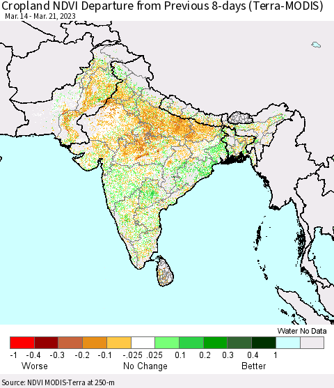 Southern Asia Cropland NDVI Departure from Previous 8-days (Terra-MODIS) Thematic Map For 3/14/2023 - 3/21/2023