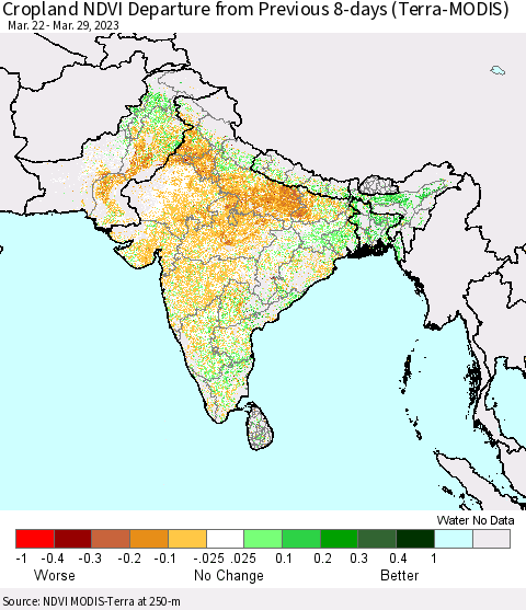 Southern Asia Cropland NDVI Departure from Previous 8-days (Terra-MODIS) Thematic Map For 3/22/2023 - 3/29/2023