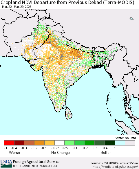 Southern Asia Cropland NDVI Departure from Previous Dekad (Terra-MODIS) Thematic Map For 3/21/2023 - 3/31/2023