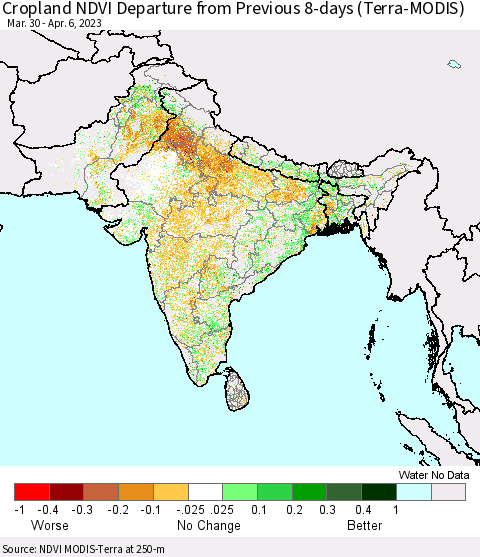 Southern Asia Cropland NDVI Departure from Previous 8-days (Terra-MODIS) Thematic Map For 3/30/2023 - 4/6/2023