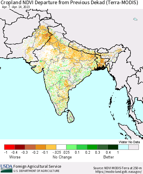 Southern Asia Cropland NDVI Departure from Previous Dekad (Terra-MODIS) Thematic Map For 4/11/2023 - 4/20/2023