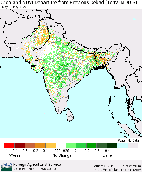 Southern Asia Cropland NDVI Departure from Previous Dekad (Terra-MODIS) Thematic Map For 5/1/2023 - 5/10/2023