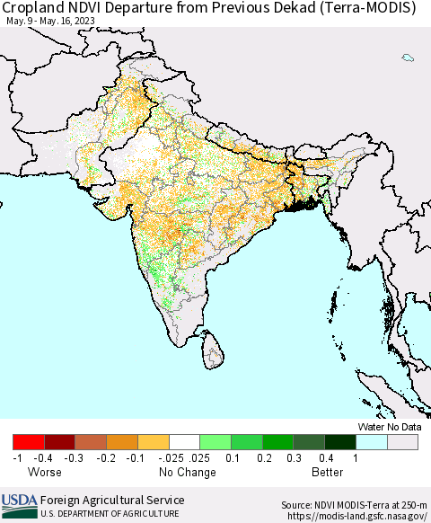 Southern Asia Cropland NDVI Departure from Previous Dekad (Terra-MODIS) Thematic Map For 5/11/2023 - 5/20/2023