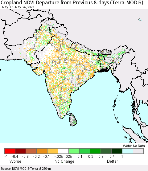 Southern Asia Cropland NDVI Departure from Previous 8-days (Terra-MODIS) Thematic Map For 5/17/2023 - 5/24/2023
