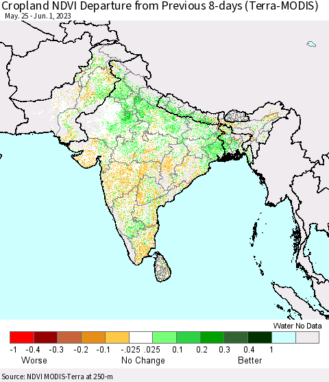Southern Asia Cropland NDVI Departure from Previous 8-days (Terra-MODIS) Thematic Map For 5/25/2023 - 6/1/2023