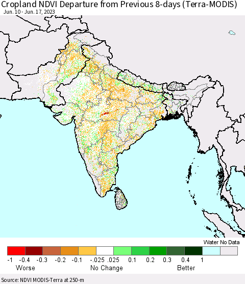 Southern Asia Cropland NDVI Departure from Previous 8-days (Terra-MODIS) Thematic Map For 6/10/2023 - 6/17/2023