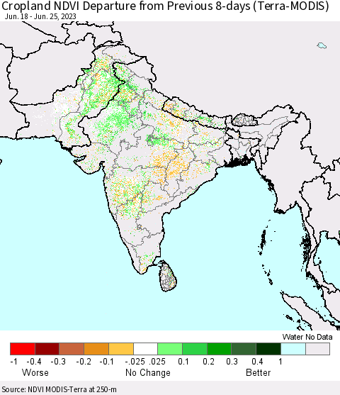 Southern Asia Cropland NDVI Departure from Previous 8-days (Terra-MODIS) Thematic Map For 6/18/2023 - 6/25/2023