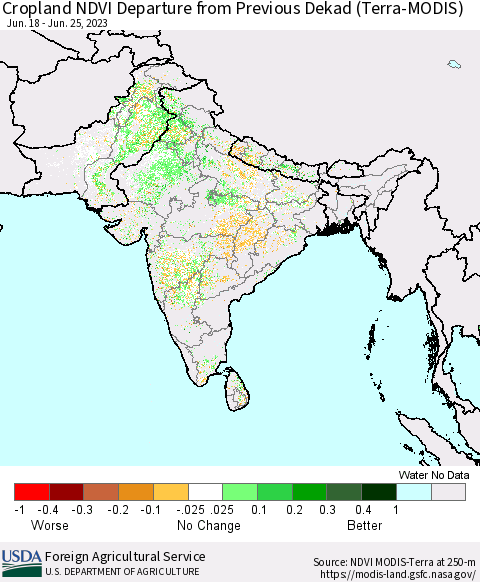 Southern Asia Cropland NDVI Departure from Previous Dekad (Terra-MODIS) Thematic Map For 6/21/2023 - 6/30/2023