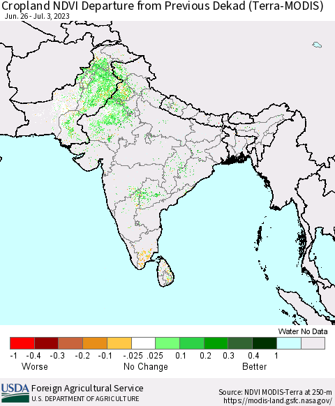 Southern Asia Cropland NDVI Departure from Previous Dekad (Terra-MODIS) Thematic Map For 7/1/2023 - 7/10/2023