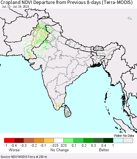 Southern Asia Cropland NDVI Departure from Previous 8-days (Terra-MODIS) Thematic Map For 7/12/2023 - 7/19/2023