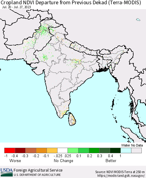 Southern Asia Cropland NDVI Departure from Previous Dekad (Terra-MODIS) Thematic Map For 7/21/2023 - 7/31/2023