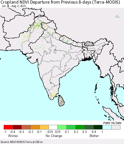 Southern Asia Cropland NDVI Departure from Previous 8-days (Terra-MODIS) Thematic Map For 7/28/2023 - 8/4/2023