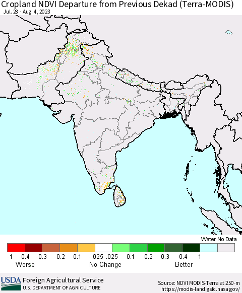 Southern Asia Cropland NDVI Departure from Previous Dekad (Terra-MODIS) Thematic Map For 8/1/2023 - 8/10/2023