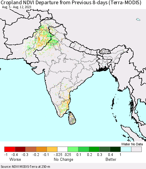 Southern Asia Cropland NDVI Departure from Previous 8-days (Terra-MODIS) Thematic Map For 8/5/2023 - 8/12/2023