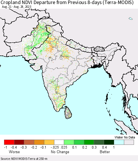 Southern Asia Cropland NDVI Departure from Previous 8-days (Terra-MODIS) Thematic Map For 8/21/2023 - 8/28/2023