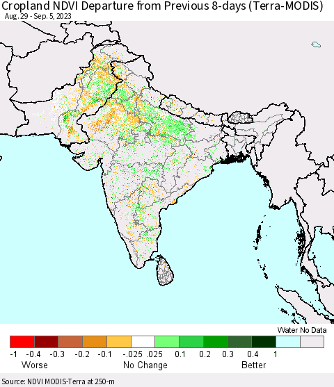 Southern Asia Cropland NDVI Departure from Previous 8-days (Terra-MODIS) Thematic Map For 8/29/2023 - 9/5/2023
