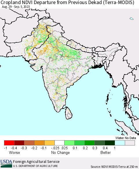 Southern Asia Cropland NDVI Departure from Previous Dekad (Terra-MODIS) Thematic Map For 9/1/2023 - 9/10/2023