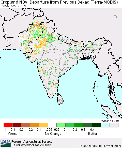 Southern Asia Cropland NDVI Departure from Previous Dekad (Terra-MODIS) Thematic Map For 9/11/2023 - 9/20/2023