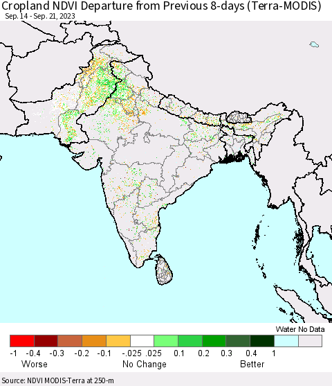 Southern Asia Cropland NDVI Departure from Previous 8-days (Terra-MODIS) Thematic Map For 9/14/2023 - 9/21/2023