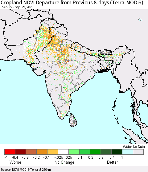 Southern Asia Cropland NDVI Departure from Previous 8-days (Terra-MODIS) Thematic Map For 9/22/2023 - 9/29/2023