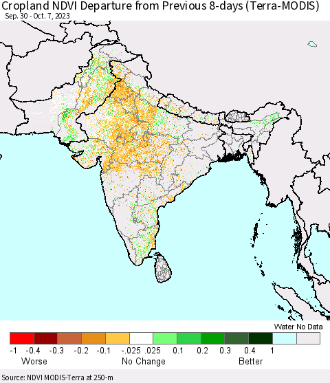 Southern Asia Cropland NDVI Departure from Previous 8-days (Terra-MODIS) Thematic Map For 9/30/2023 - 10/7/2023