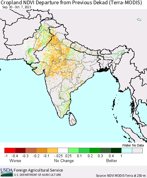 Southern Asia Cropland NDVI Departure from Previous Dekad (Terra-MODIS) Thematic Map For 10/1/2023 - 10/10/2023