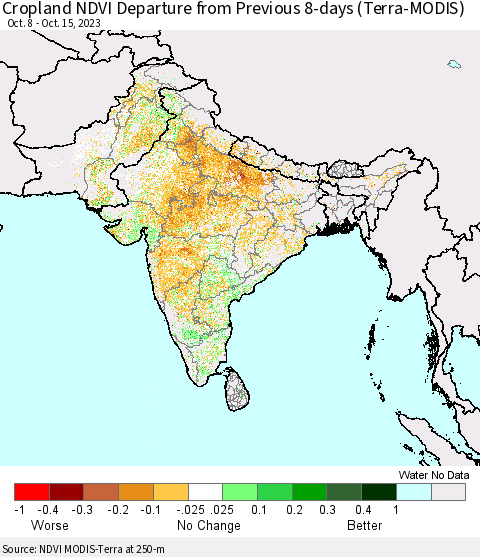 Southern Asia Cropland NDVI Departure from Previous 8-days (Terra-MODIS) Thematic Map For 10/8/2023 - 10/15/2023