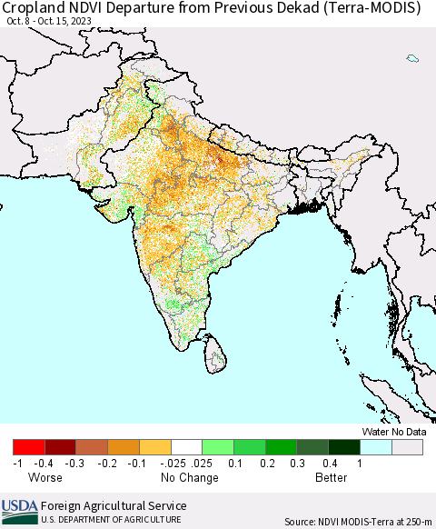 Southern Asia Cropland NDVI Departure from Previous Dekad (Terra-MODIS) Thematic Map For 10/11/2023 - 10/20/2023