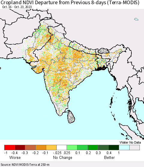 Southern Asia Cropland NDVI Departure from Previous 8-days (Terra-MODIS) Thematic Map For 10/16/2023 - 10/23/2023