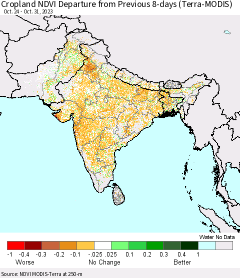 Southern Asia Cropland NDVI Departure from Previous Dekad (Terra-MODIS) Thematic Map For 10/21/2023 - 10/31/2023