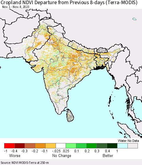 Southern Asia Cropland NDVI Departure from Previous 8-days (Terra-MODIS) Thematic Map For 11/1/2023 - 11/8/2023