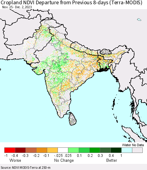 Southern Asia Cropland NDVI Departure from Previous 8-days (Terra-MODIS) Thematic Map For 11/25/2023 - 12/2/2023