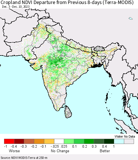 Southern Asia Cropland NDVI Departure from Previous 8-days (Terra-MODIS) Thematic Map For 12/3/2023 - 12/10/2023