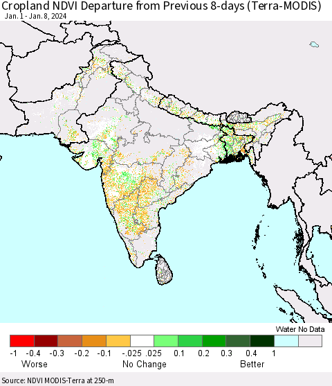 Southern Asia Cropland NDVI Departure from Previous 8-days (Terra-MODIS) Thematic Map For 1/1/2024 - 1/8/2024