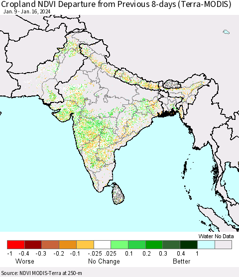 Southern Asia Cropland NDVI Departure from Previous 8-days (Terra-MODIS) Thematic Map For 1/9/2024 - 1/16/2024