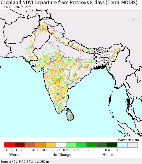 Southern Asia Cropland NDVI Departure from Previous 8-days (Terra-MODIS) Thematic Map For 1/17/2024 - 1/24/2024