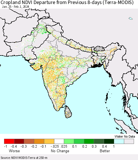 Southern Asia Cropland NDVI Departure from Previous 8-days (Terra-MODIS) Thematic Map For 1/25/2024 - 2/1/2024