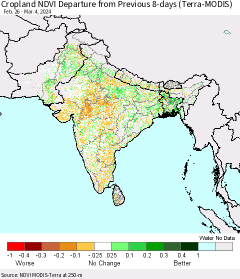 Southern Asia Cropland NDVI Departure from Previous 8-days (Terra-MODIS) Thematic Map For 2/26/2024 - 3/4/2024