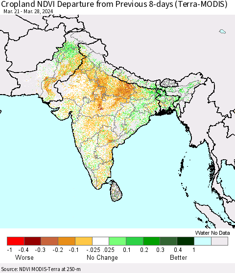 Southern Asia Cropland NDVI Departure from Previous 8-days (Terra-MODIS) Thematic Map For 3/21/2024 - 3/28/2024