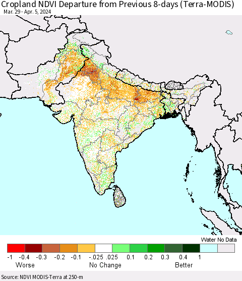 Southern Asia Cropland NDVI Departure from Previous 8-days (Terra-MODIS) Thematic Map For 3/29/2024 - 4/5/2024