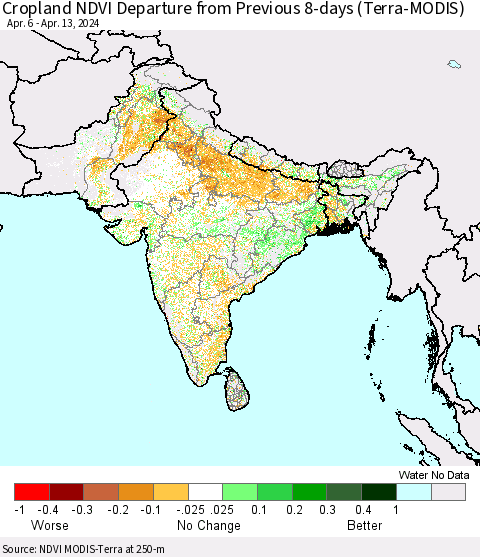 Southern Asia Cropland NDVI Departure from Previous 8-days (Terra-MODIS) Thematic Map For 4/6/2024 - 4/13/2024